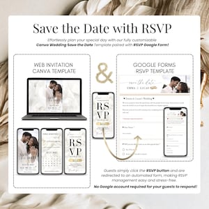 Editable wedding save the date digital invitation with RSVP tracking, calendar wedding invitation template in Canva, animated wedding evite with music, countdown and wedding website features, paperless modern wedding invite