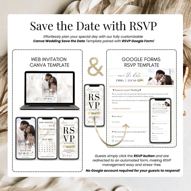Editable wedding save the date digital invitation with RSVP tracking, calendar wedding invitation template in Canva, animated wedding evite with music, countdown and wedding website features, paperless modern wedding invite
