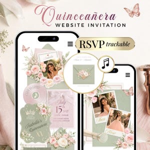 Puede incluir: Una invitación digital para Quinceañera mostrada en dos teléfonos inteligentes. El diseño presenta detalles florales en verde salvia y rosa, ilustraciones de mariposas y fotos. El texto incluye Isabella's Quinceañera, July 15th 2027 y RSVP trackable.