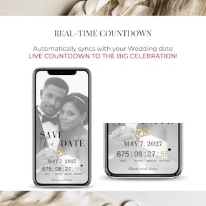 Real-time wedding countdown feature displayed on digital Save the Date invitation, live timer building excitement until the wedding day.