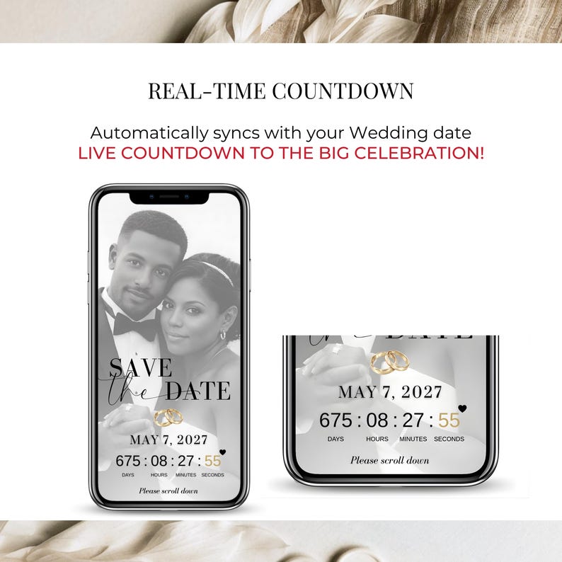 Real-time wedding countdown feature displayed on digital Save the Date invitation, live timer building excitement until the wedding day.