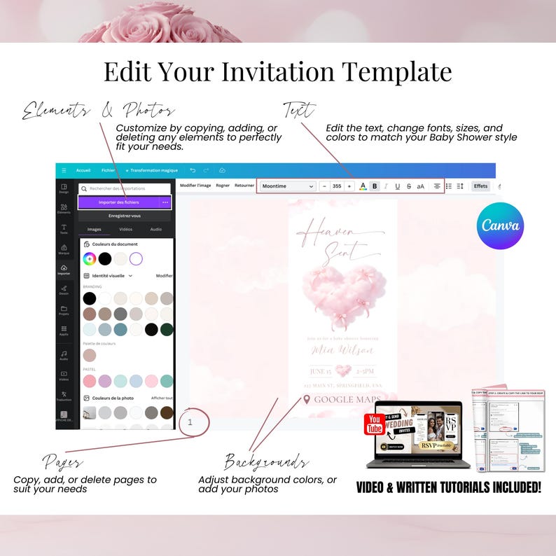 Detailed tutorial included for baby shower digital invitation, Canva editing guide and option for done-for-you customization