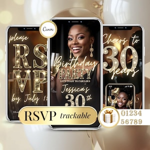Digital Birthday Invitation Canva – Carte Anniversaire 18 20 30 40 50 60 ans – Modèle Numérique avec RSVP en ligne et Compte à Rebours