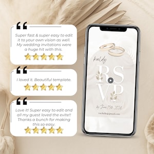 Customer reviews for animated wedding video invitation template with RSVP page. Editable in Canva, easy to customize, and loved by guests. Includes positive feedback highlighting simplicity, elegance, and success of the digital invite. Perfect for modern couples seeking a stylish paperless wedding invitation.