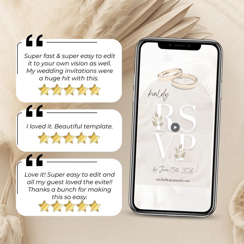Customer reviews for animated wedding video invitation template with RSVP page. Editable in Canva, easy to customize, and loved by guests. Includes positive feedback highlighting simplicity, elegance, and success of the digital invite. Perfect for modern couples seeking a stylish paperless wedding invitation.
