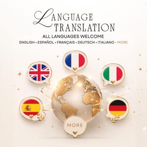 以下が含まれることがあります： 金色の地球儀の上に「LANGUAGE TRANSLATION」と「ALL LANGUAGES WELCOME」の文字が配置されたグラフィック。イギリス、フランス、イタリア、スペイン、ドイツの国旗が描かれた5つの吹き出しが地球儀を囲み、さらに「MORE」と書かれた吹き出しが添えられている。