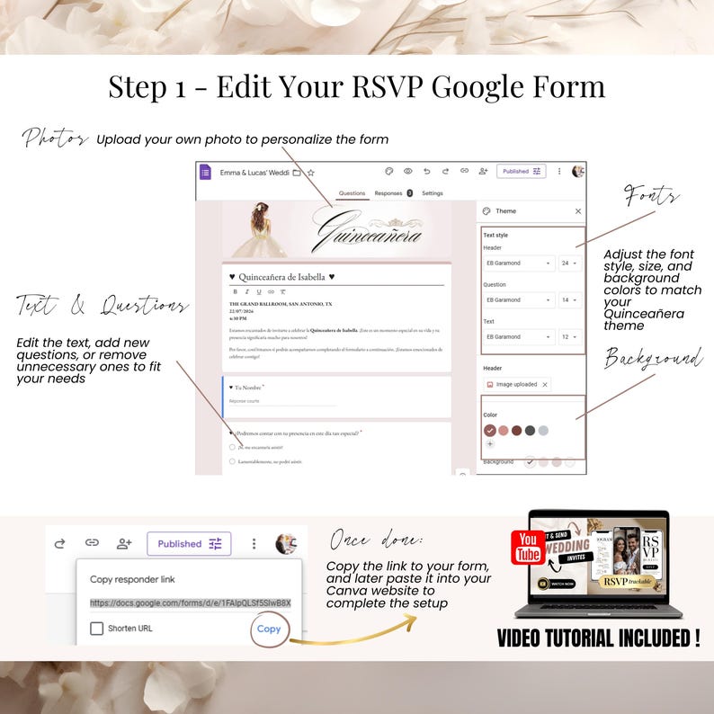 Edita tu Formulario RSVP en Google Forms | Easily customize Sweet 15 RSVP tracking form