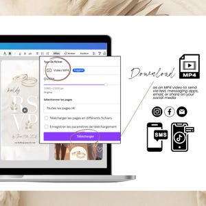 Download your animated wedding video invitation as an MP4 file from Canva. Share your personalized RSVP invitation via SMS, WhatsApp, Instagram, TikTok, or email. Easy export in high-quality mobile format, perfect for modern, digital weddings. No physical copy needed—eco-friendly and instant delivery.