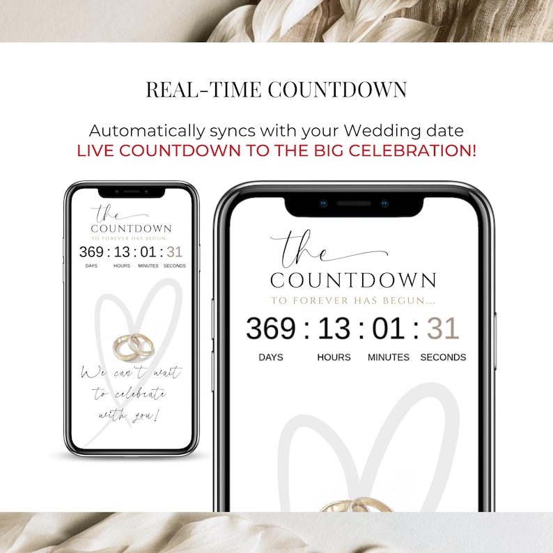 Real-time wedding countdown shown on mobile screens – live timer automatically syncing with wedding date, modern minimalist digital countdown page included in editable Canva wedding invitation and website template – perfect for sharing with guests before the big day – Templates4Branding