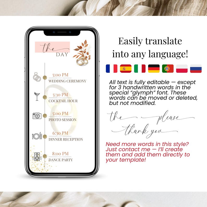 Digital wedding invitation translated into multiple languages, demonstrating international-friendly animated wedding invite.