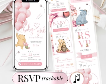 Winnie Puuh Babyparty-Einladung für Mädchen, digitale Einladungsvorlage, bearbeitbare RSVP-Option, Teddybär-Babyparty-Canva-Vorlage