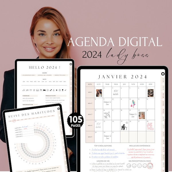 Lady Boss Planner francais 2024, Planificateur Numérique Hyperlié pour GoodNotes, Agenda Planner Digital en français daté pour 2024