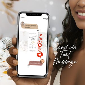 Guest holding smartphone with engagement party digital invitation displayed, modern Canva invitation website with RSVP tracking and elegant engagement party layout.