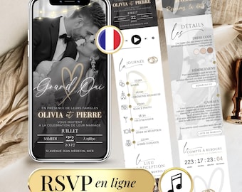 French Mariage Wedding Invitation Digital, RSVP Website, Canva Mobile Invite, Modern Black Gold Template, Music, Countdown