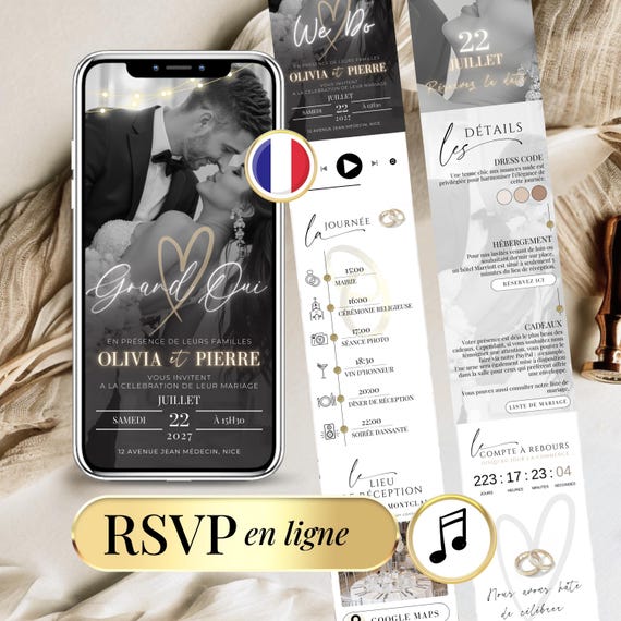 Invitation Mariage Numérique – Faire-Part Digital Français à Modifier sur Canva avec RSVP en Ligne – Modèle Mobile Animé Personnalisable