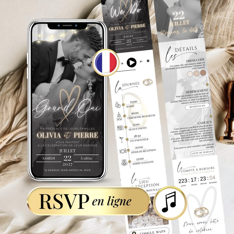 Invitation de mariage numérique moderne avec RSVP en ligne – Faire-part digital élégant à personnaliser sur Canva, aperçu mobile avec compte à rebours, formulaire Google RSVP, design chic beige et or. Invitation digitale française envoyée par SMS, WhatsApp ou email, modèle mobile interactif pour mariage moderne.