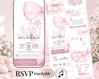 Invitación para baby shower con lazo rosa, estilo coqueto, con seguimiento de confirmación de asistencia (descarga digital).