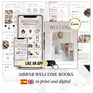 Könnte beinhalten: Ein Airbnb-Willkommensbuch- und App-Design mit einem Smartphone und einem gedruckten Buch. Das Buchcover zeigt "Welcome" und "Bienvenidos". Die App-Oberfläche enthält Symbole für Hausregeln, Check-in und lokale Geschäfte. Der Text lautet "Like an App" und "Airbnb Welcome Books to print and digital."