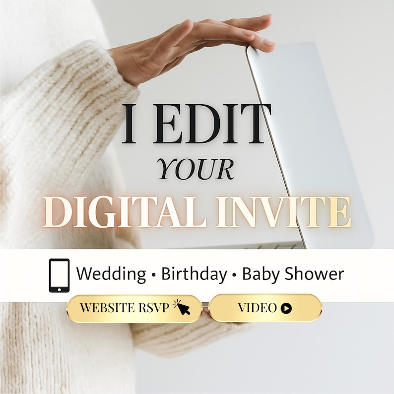 Custom wedding digital invitation editing – elegant gold beige online wedding invite, personalized with your details and photos. Editable Canva template for wedding website or video card, includes RSVP link, music, countdown, Google Maps. Perfect for save the date, wedding announcement, bridal shower. Modern, elegant, and easy to send via WhatsApp, SMS, or email – instant download and customization.