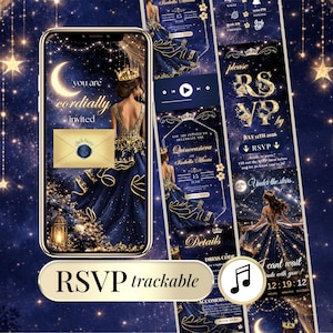 May include: A digital invitation design for a Quinceañera, featuring a navy blue gown with gold accents. The design includes the text "you are cordially invited" and "RSVP trackable". The invitation also includes a music note icon and a countdown timer.