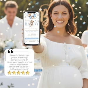Smiling mom-to-be holding digital Baby Shower Invitation for boy on phone. Blue Teddy Bear editable RSVP website invite, easy sharing by message. Professional, modern and emotional showcase for baby boy shower event.
