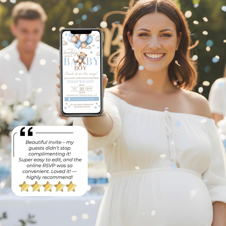 Smiling mom-to-be holding digital Baby Shower Invitation for boy on phone. Blue Teddy Bear editable RSVP website invite, easy sharing by message. Professional, modern and emotional showcase for baby boy shower event.