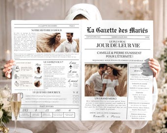 French Wedding Newspaper Template, Editable Wedding Gazette Canva, Minimalist Wedding Invitation Program, Unique Photo Save the Date A4 A3
