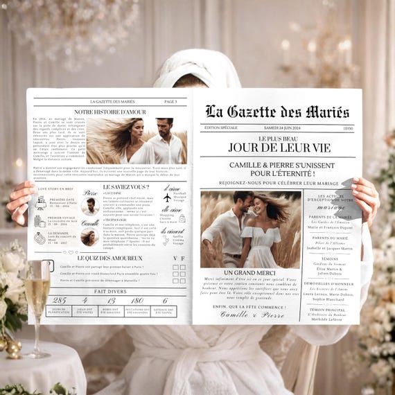 Gazette des Mariés Modèle Faire Part Mariage Template Canva Invitation Mariage Personnalisable Journal Mariage Modèle Canva A3 et A4 et A5