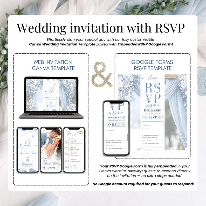 Wedding invitation website with RSVP tracking showing desktop and mobile versions, editable Canva wedding website template with Google Forms RSVP, modern digital wedding invitation design optimized for phone and computer, easy online wedding invite setup