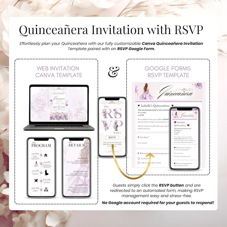 Quinceañera Invitation with RSVP - Digital Editable Floral Template for 15th Birthday Celebration - Instant Download