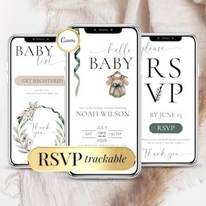 Baby Shower Invite, Digital Invitation with Online RSVP, Wildflower Evite Boho Green Boy Girl Minimalist Baby Shower Invitation Numerique
