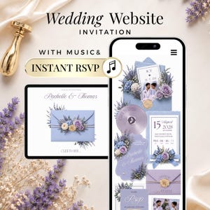 May include: A digital wedding website invitation displayed on a smartphone and tablet screen, featuring lavender floral accents, a music icon, and text reading Wedding Website INVITATION WITH MUSIC & INSTANT RSVP, Rachelle & Thomas, and details.