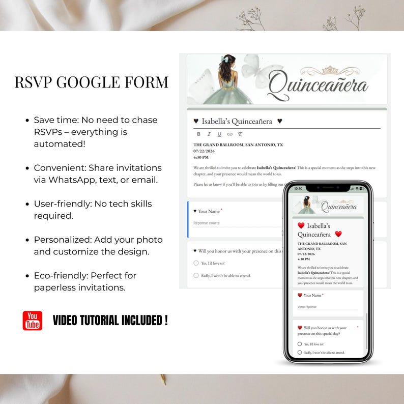 Sage Green Quinceañera Invitation and Event Program – Digital Canva Template with Mobile RSVP Access