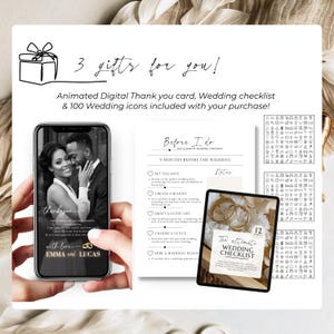 May include: A digital wedding package featuring an animated thank you card, a wedding checklist, and 100 wedding icons. The image displays a smartphone with a couple's photo, a checklist, and a tablet with wedding rings.