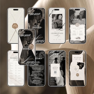 Digital wedding invite video invitation pages displayed on eight phone mockups, including ivory envelope with wax seal, you're invited cover, date and venue card, wedding timeline and RSVP scan code.