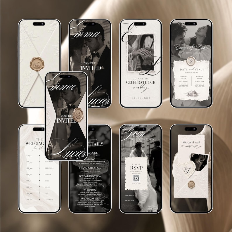 Digital wedding invite video invitation pages displayed on eight phone mockups, including ivory envelope with wax seal, you're invited cover, date and venue card, wedding timeline and RSVP scan code.