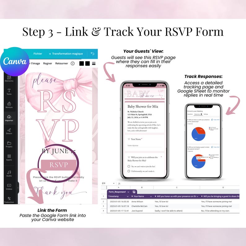 Step 3 guide to link and track your RSVP Google Form – Embed RSVP link in your Canva Pink Bow Baby Shower invitation and monitor guest responses in real time via Google Sheets. View includes guest-friendly RSVP page and response tracking dashboard. Perfect for digital baby shower evites with online RSVP and coquette pink design. Easy to manage invitations and guest lists.