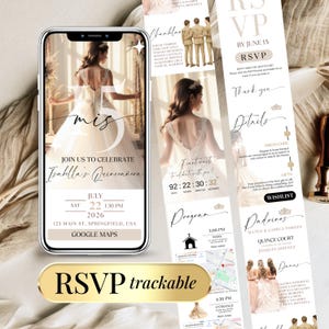 Puede incluir: Una invitación digital para una celebración de quinceañera, mostrada en un smartphone. El diseño presenta a una joven con un vestido blanco, detalles del evento y el texto "RSVP trackable". La invitación incluye un temporizador de cuenta regresiva.