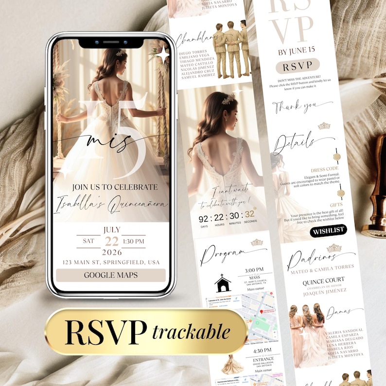 Elegant digital Quinceañera invitation with RSVP tracker, featuring champagne and gold design, Google Maps program, and editable Canva template. Sweet 15 online invite includes RSVP form, countdown, and mobile-friendly layout. Perfect for 15th birthday or Sweet 16. Instant download. Fully customizable.