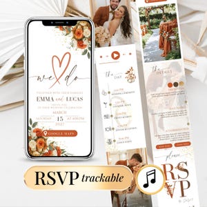 May include: A digital wedding invitation displayed on a smartphone, featuring floral accents and the text "we do." The invitation includes event details, a Google Maps link, and an RSVP option. The design incorporates a heart symbol and a photo of the couple.