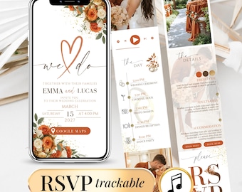 May include: A digital wedding invitation displayed on a smartphone, featuring floral accents and the text "we do." The invitation includes event details, a Google Maps link, and an RSVP option. The design incorporates a heart symbol and a photo of the couple.