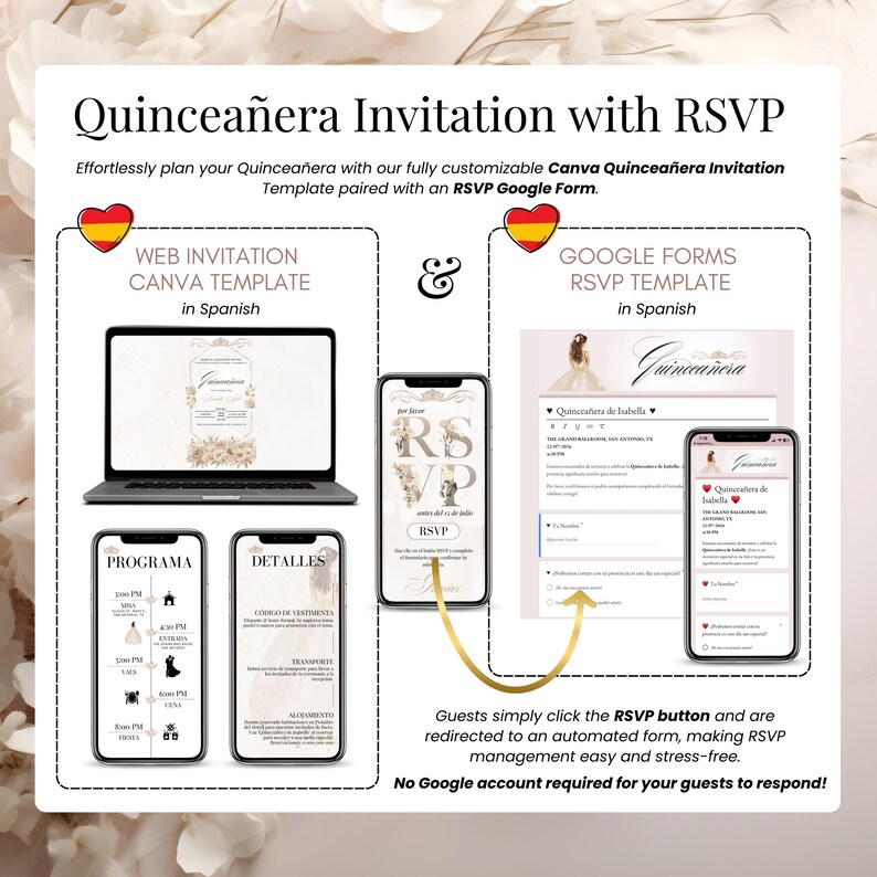 Editable Quinceañera Invite with Trackable RSVP & Website | Invitación de 15 Años con seguimiento de confirmaciones en línea