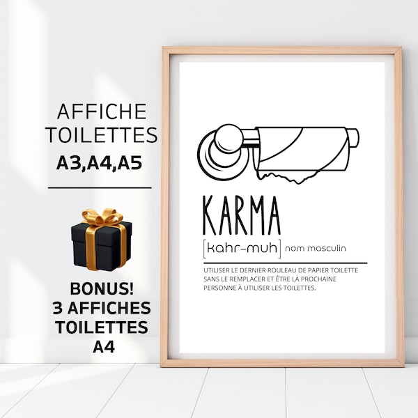 Affiche toilette humour papier toilette : Karma du Rouleau Papier Toilette Vide. Affiche toilettes drôle à imprimer pour Airbnb français.