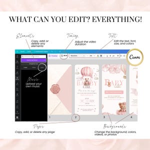 Editable baby shower video invitation in Canva showing customization options: edit text, timing, music, backgrounds, and elements; pink teddy bear theme for girl baby shower; digital template with full control over design and layout