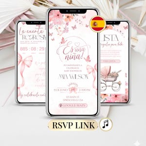 Puede incluir: Tres teléfonos inteligentes que muestran invitaciones digitales para baby shower con motivos florales rosas, mariposas y lazos. Las pantallas incluyen texto en español, un temporizador de cuenta regresiva y un gráfico de cochecito de bebé.