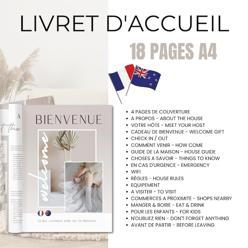 Livret d'accueil français anglais, AIRBNB, affiche de bienvenue, location maison, manuel, location saisonnière, chambre d'hôte, gîte,hôtel