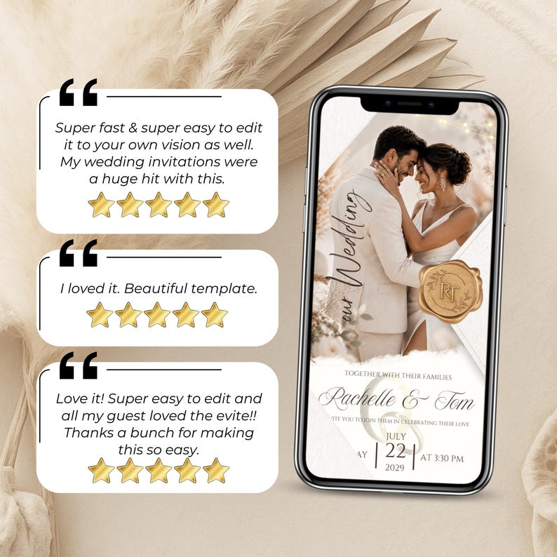 Top-rated Wedding Video Invitation Canva Template featuring customer reviews, editable digital wedding invite, animated wedding card, luxury ivory and champagne gold design, easy-to-edit wedding video invitation with music.