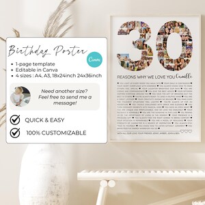 Personalized 30th birthday gift photo sign titled '30 Reasons We Love You,' designed as an editable Canva template. Features space for photos and heartfelt messages to celebrate 30 years, a unique DIY birthday gift idea.