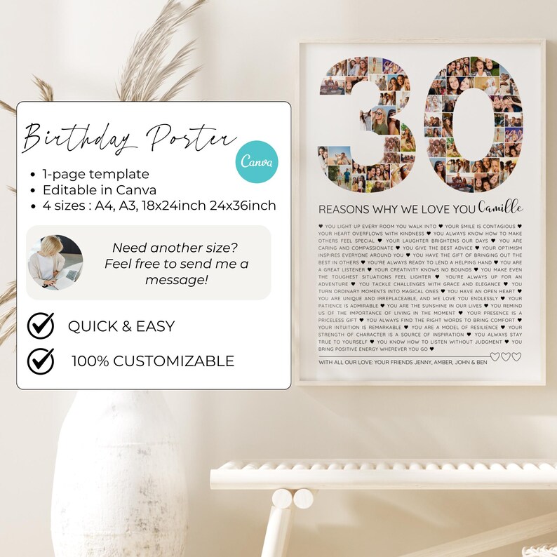 Personalized 30th birthday gift photo sign titled '30 Reasons We Love You,' designed as an editable Canva template. Features space for photos and heartfelt messages to celebrate 30 years, a unique DIY birthday gift idea.