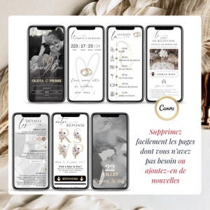 Collection de plusieurs modèles d’invitations de mariage numériques personnalisables sur Canva, avec compte à rebours, RSVP en ligne et styles modernes noir, blanc et doré.